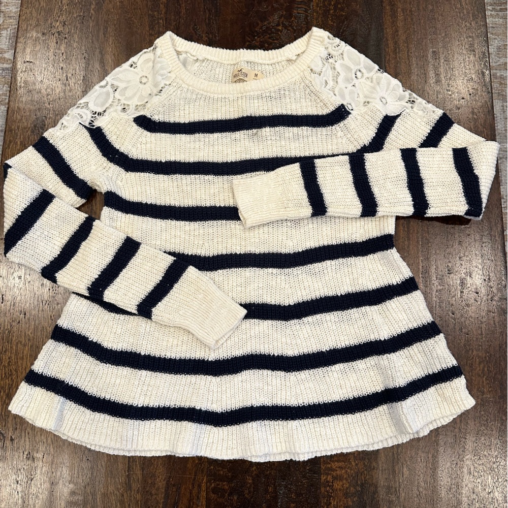 Hollister Navy and Cream stripe sweater with lace shoulder detail